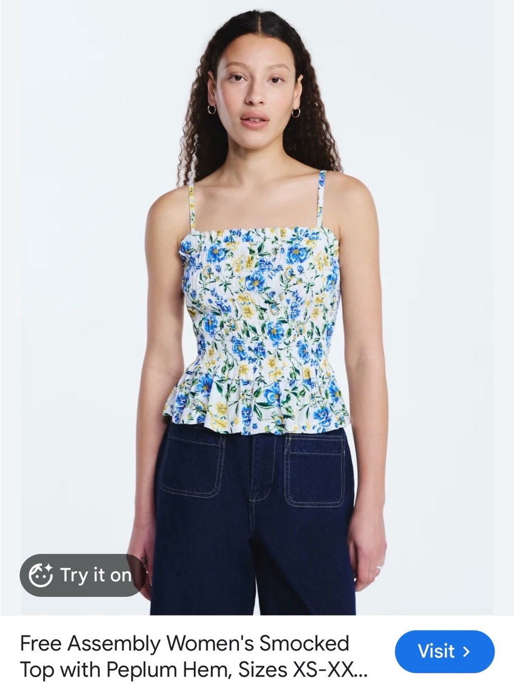 Free Assembly Smocked Floral Peplum Camisole in Blue & White